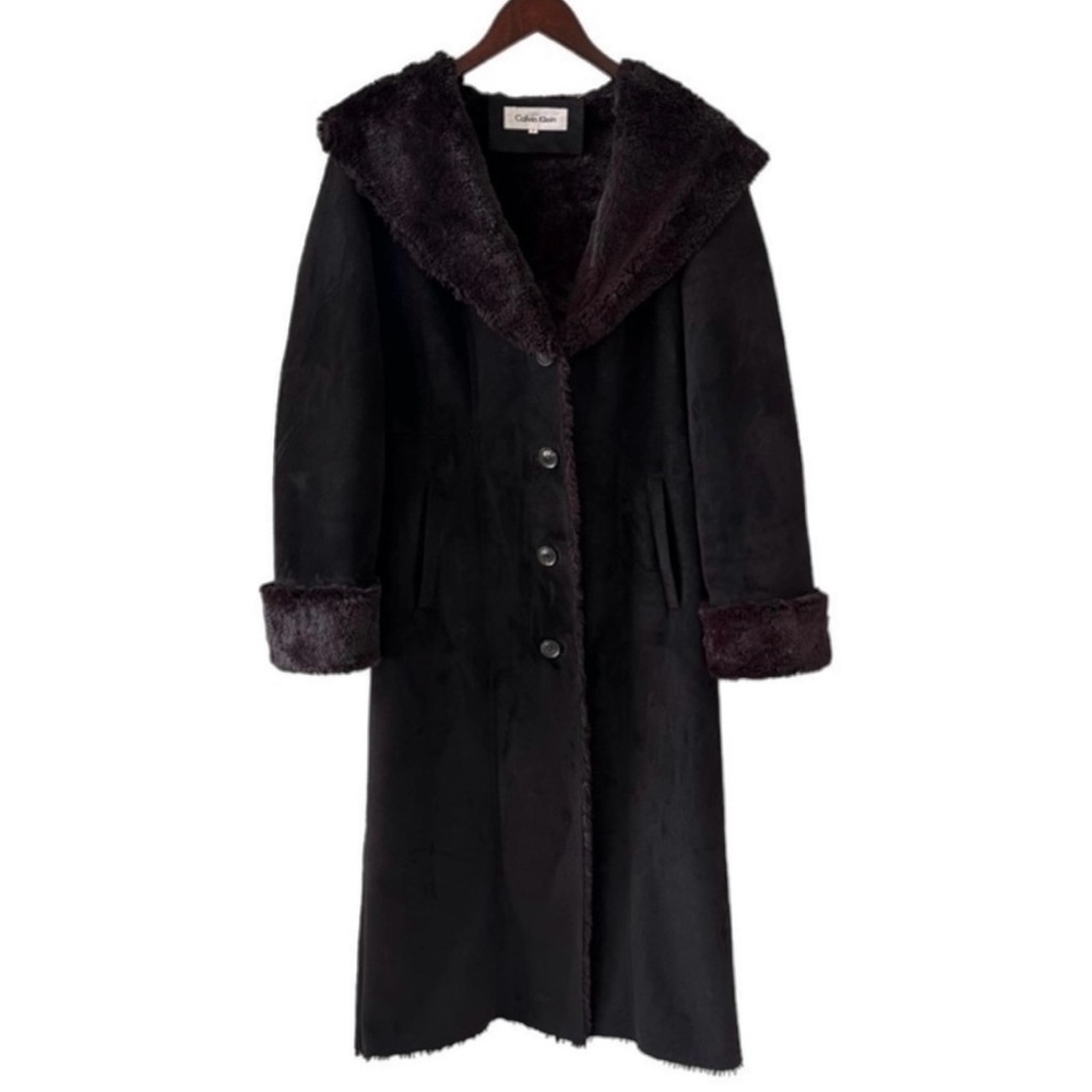 Calvin Klein Black Faux Shearling and Fur Long Hooded Coat Size Small